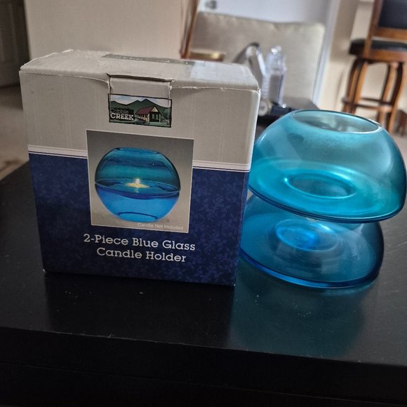 NIB 2-Piece Blue Glass Candle Holder - Picture 1 of 2
